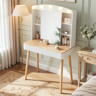 Sunvega White Vanity Desk with Mirror Lights Sliding Mirror and Two Fluted Drawers