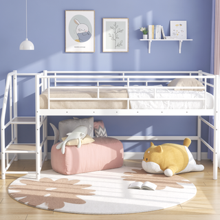 Sunvega Twin White Mid Loft Bed with Integrated Storage Stairs and Metal Frame