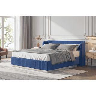 Sunvega King Size Upholstered Wooden Bed with Bluetooth Speakers and USB Ports