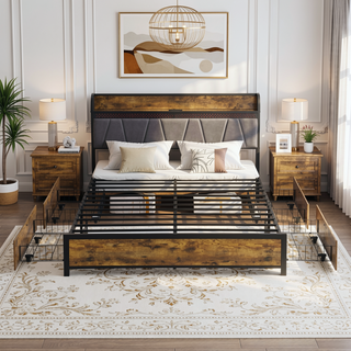 Sunvega Queen Bed Frame with Storage Headboard USB Outlets LED Lights and 4 Drawers