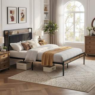 Sunvega Full Size Metal Platform Bed Frame with Upholstery Storage Headboard and Footboard
