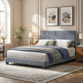 Sunvega Plush Velvet Upholstered Platform Bed with Nailhead Trim and Padded Headboard