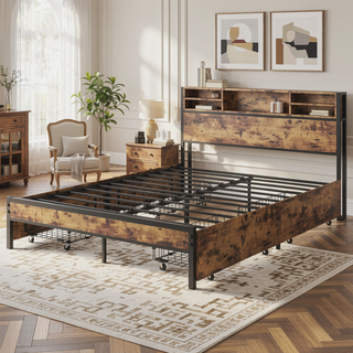 Sunvega Queen Bed Frame with Storage Headboard and 4 Drawers on Wheels