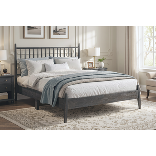 Sunvega Mid-Century Modern Design Full Platform Bed with Vertical Slats Headboard