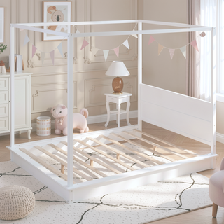 Sunvega Queen Size Wood LED Canopy Bed With Support Slats And Brushed Finish