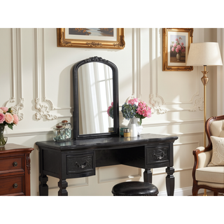 Sunvega Black Wooden Carved Vanity Set with Mirror Stool and Drawers