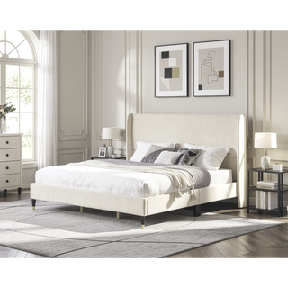 Sunvega King Beige Velvet Wingback Platform Bed with Low Profile Design
