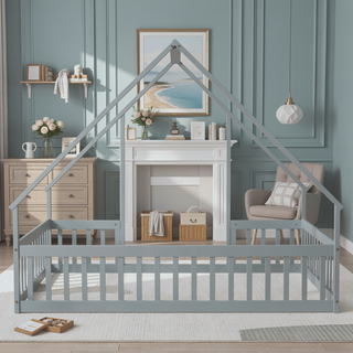 Sunvega Twin Wood House Floor Bed with Guardrail Fence in Grey