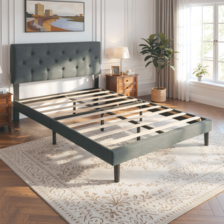 Sunvega Modern Upholstered Platform Bed Frame with Button Tufted Linen Headboard