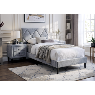 Sunvega Modern Gray Velvet Tufted Headboard Full Size Bed for Youth Bedroom