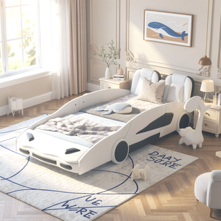Sunvega Twin Size White Race Car Platform Bed with Wheels for Kids Bedroom