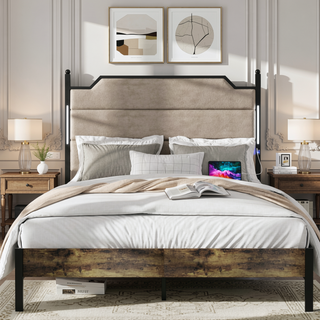 Sunvega Queen Size Bed Frame with Upholstered Headboard and Charging Station