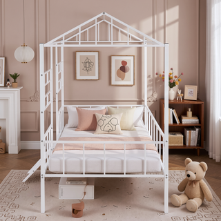 Sunvega Twin Size Metal House Bed Frame with Slatted Support No Box Spring Needed