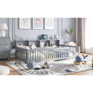 Sunvega White Wood Twin XL Floor Bed with Storage Cabinets and USB Charging Ports