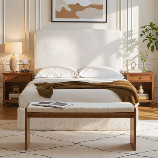 Sunvega Pearl White Chenille Upholstered King Bed with 52 Inch Tall Headboard