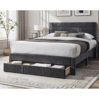 Sunvega Queen Size Bed with Storage Drawer and Charcoal Corduroy Headboard