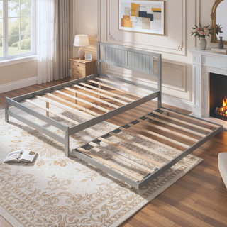 Sunvega Full Size Platform Bed with Adjustable Trundle and Headboard in Gray