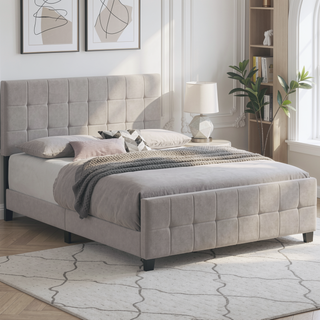Sunvega Tufted Upholstered Queen Panel Bed with Grid Headboard and Footboard