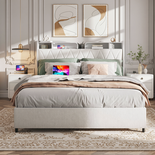 Sunvega Queen Bed Frame with Ergonomic Headboard Outlets Charger LED Light Storage