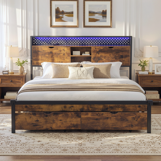 Sunvega Queen Size Metal Platform Bed Frame with Wooden Headboard and Footboard with USB Charging Station and 2 Drawers