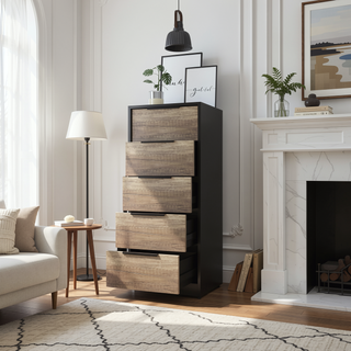 Sunvega White Pine Modern 5 Drawer Vertical Dresser for Narrow Spaces