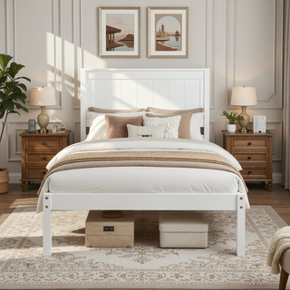 Sunvega Sturdy Wood Platform Bed Frame with Headboard for Queen Size Oak Finish