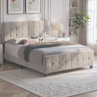 Sunvega Destiny Beige Upholstered Eastern King Panel Bed with Headboard and Footboard