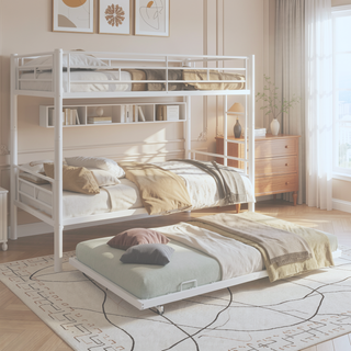 Sunvega Sturdy Metal Twin over Twin Bunk Bed with Safety Guardrail and Noise Reduced