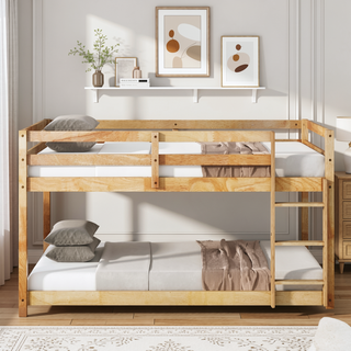 Sunvega Twin over Twin Floor Bunk Bed with Ladder and Strengthened Slats in Espresso