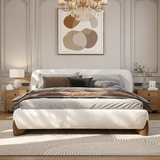 Sunvega Modern Puffy Platform Bed with Arched Headboard in Ivory White Boucle
