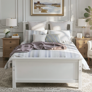 Sunvega White Twin Size Wood Platform Bed with Headboard and Sturdy Wood Slat Support