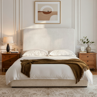 Sunvega Pearl White Chenille Upholstered King Bed with 52 Inch Tall Headboard