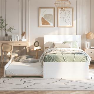 Sunvega Modern White High Gloss Twin Bed Frame with Light Oak Trundle for Space Saving