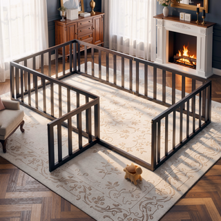 Sunvega Twin Size Wood Floor Bed Frame with Fence and Door in Walnut Finish