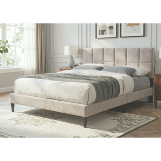 Sunvega Queen Upholstered Pleated Bed in a Box with Sturdy Dark Brown Frame