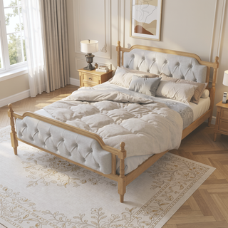 Sunvega French Provincial Style Solid Wood Bed Frame with Tufted Headboard