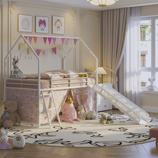 Sunvega Marvel Superhero Metal Twin Loft Bed with Slide and Curtain Set