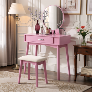 Sunvega Gold Modern Wood Vanity Set with Round Mirror and Matching Stool