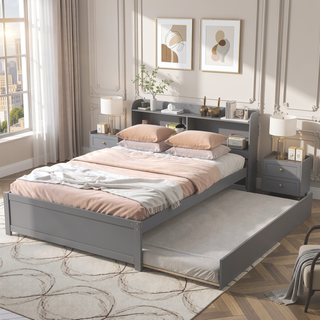 Sunvega White Twin Trundle Bed with Storage Headboard and Bookcase