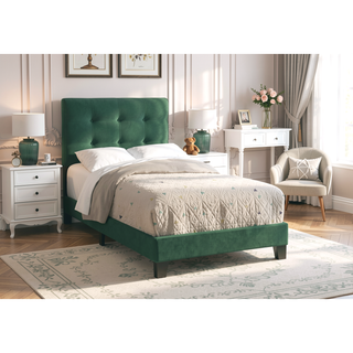 Sunvega Twin Size Green Velvet Upholstered Platform Bed Frame for Youth Bedroom
