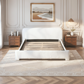 Sunvega Cozy White Bouce Upholstered Bed with Birch Wood Frame for Bedroom