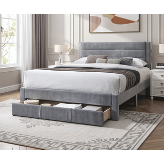 Sunvega Modern Gray Corduroy Upholstered Headboard Queen Size Bed with Storage Drawer
