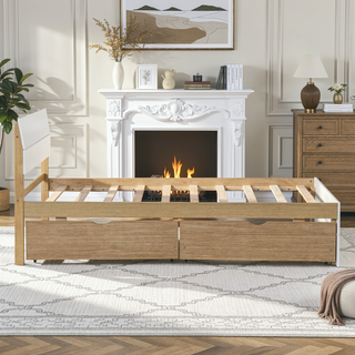 Sunvega Modern White High Gloss Twin Bed Frame with Light Oak Trundle for Space Saving