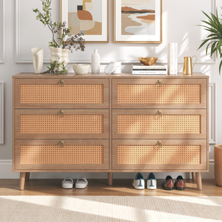 Sunvega Modern 6-Drawer Double Dresser with Rattan Drawers for Bedroom Storage