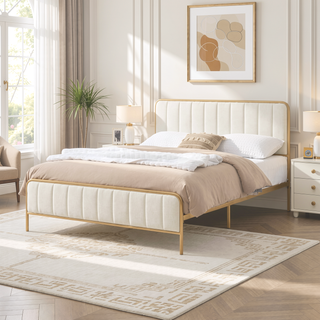 Sunvega Upholstered Queen Bed Frame with Tufted Headboard and Soft Fabric