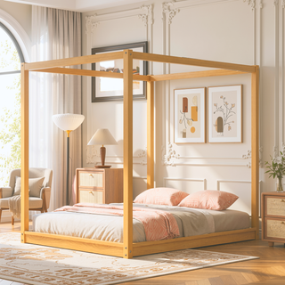 Sunvega White Queen Size Canopy Platform Bed with Support Legs and Sturdy Frame
