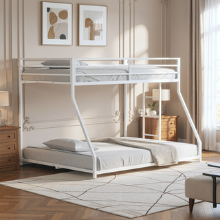 Sunvega Twin Over Full Low Bunk Bed with Reversible Ladder in Matte White Finish