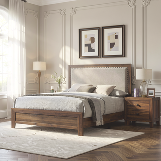 Sunvega Brown Cherry Finish Contemporary Fabric Panel Bed in One Box