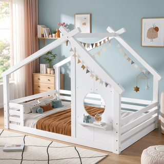 Sunvega White Twin House Floor Bed with Window and Shelf for Kids Room