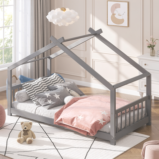 Sunvega Twin Size Gray Playhouse Design Wood Bed with Sturdy Pinewood Frame
